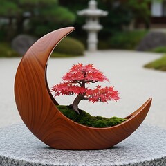 A wooden crescent-shaped planter holds a miniature bonsai tree with vibrant crimson leaves, showcasing a tranquil and artistic display.