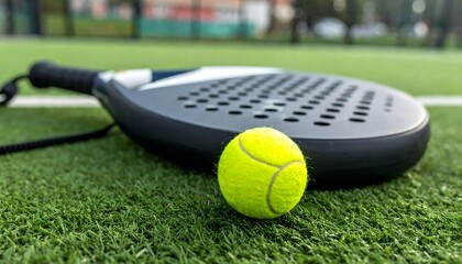 Essential padel sports equipment with a racket and bright yellow ball resting on the green artificial turf of an outdoor court