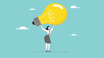 businesswoman bring big light bulb idea for new product idea or business opportunity, finding new idea, creativity or innovation to create new product, solution to solve problem or fix mistake concept