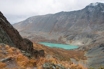 View on lake Lower Akchan from Kuyguk mountain range in late august, the Altai Republic, Russia