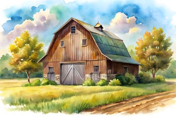 Obraz premium Watercolor painting of a vintage barn in a golden field under a cloudy sky landscape scene