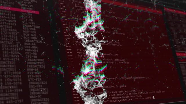 On startup pulsing lattice while flanking panels scrolling code and redacted entries for monitoring