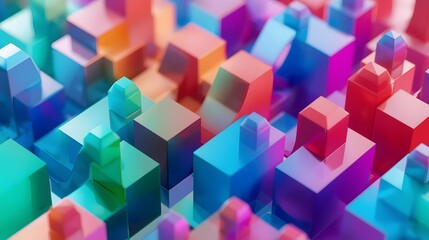 Abstract 3D geometric shapes in vibrant gradient colors, resembling a futuristic cityscape or a colorful block puzzle.