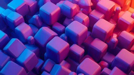 A close-up, abstract view of a dense cluster of 3D cubes illuminated with vibrant pink and blue neon lighting.