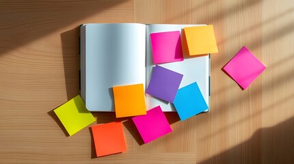 Top view, vibrant sticky notes scattered around an open notebook on a textured, wide 16:9 layout for educational, business, and creative designs