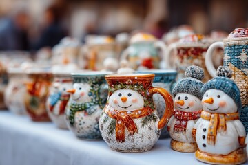 Colorful Ceramic Snowman Mugs at Holiday Market
