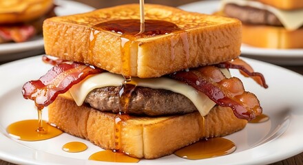 A close-up view of a delectable french toast sandwich layered with savory bacon, melted cheese, and a juicy patty, drizzled with rich maple syrup.