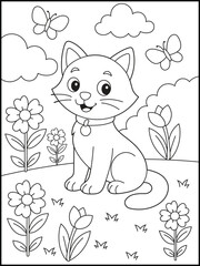 Happy Cartoon Kitten Sitting in a Garden with Flowers, Butterflies, and Clouds. Cute Cat Coloring Page for Kids and Adults.
