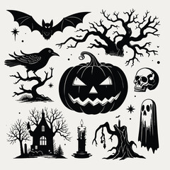 A collection of spooky Halloween illustrations featuring a bat, crow, pumpkin, and haunted house.