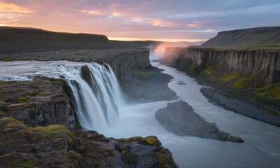 Majestic waterfall cascading down basalt cliffs at sunrise
