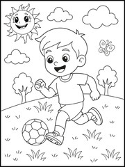 Cute Boy Playing Soccer Coloring Page for Kids. Happy Cartoon Child Running with a Football in a Sunny Outdoor Garden. Black and white line art for children and adults.