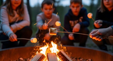 Children together roasting marshmallow on stick over campfire with fire in outdoor setting. Picnic with sweet food confectionery on vacation