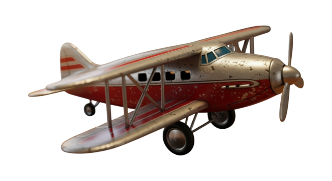 Vintage Biplane Aircraft with Red and White Livery and Propeller Spinning Forward