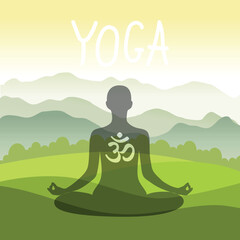 Yoga. Person relaxing in lotus pose. Meditation. International yoga day web banner. Yoga pose in a flat design. Om or Aum