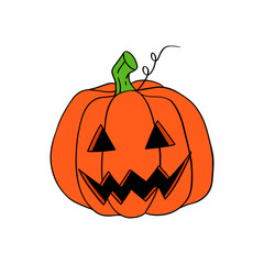 Halloween orange Pumpkin with happy expression. Vector hand drawn illustration for Happy Halloween print, poster, banner, design
