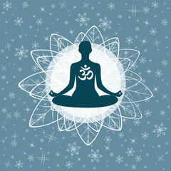 Yoga. Person relaxing in lotus pose. Meditation. International yoga day web banner. Yoga pose in a flat design. Om or Aum