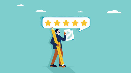 customer review, online feedback or survey form, Forum with polls or write comment on product, best ratting with speech bubble, customers with pencils leave comments on the product and 5 star reviews