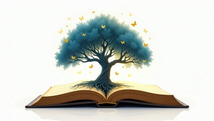 Tree of knowledge growing from an open book symbolizing wisdom and learning