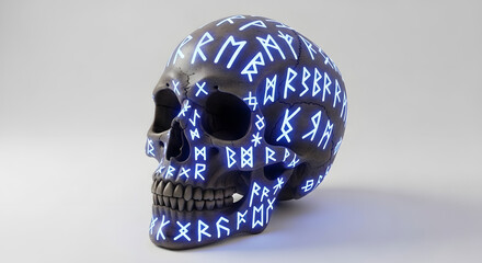 Mystical black skull adorned with luminous blue runic symbols for pagan rituals and ancient magic