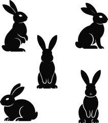 Collection of black rabbit silhouettes in sitting and resting poses, cute bunny vector design, animal icon illustration for Easter themes