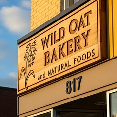 A light-brown wooden sign displays the name Wild Oat Bakery and Natural Foods, set against a yellow brick building.