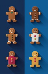 Flat illustration of 6 gingerbread man icons, longg shadow style. Minimalist Christmas design