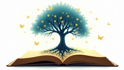 Magical tree of knowledge growing from an open book