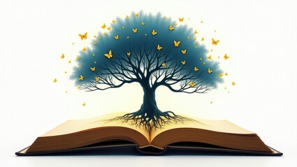 Magical tree of knowledge growing from an open book with butterflies