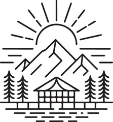 Mountain Cabin Sunrise Line Art With Pine Trees rays