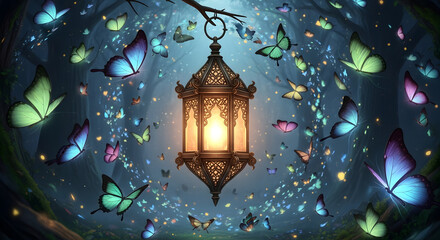 Magical forest ambiance with a vintage lantern casting a warm glow amidst a swarm of luminous butterflies