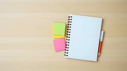 Spiral notebook with binder clips and sticky notes, wide 16:9 layout for educational, business, and creative designs