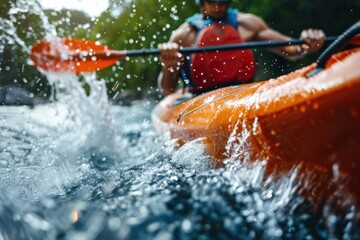 Fototapeta premium Action Shot of Kayaker Paddling in Rough Water