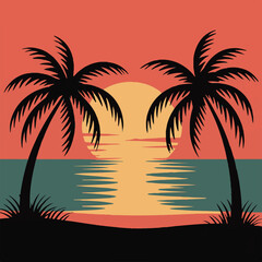 Obraz premium Retro sunset with palm trees and ocean beach silhouette