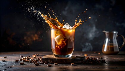 A refreshing burst of energy concept showing a dynamic splash of cold brew iced coffee in a glass with ice