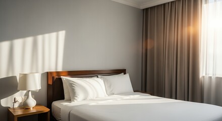 Minimalist bedroom scene featuring a neatly made bed with sunlight casting shadows on the wall creating a sense of tranquility and relaxation