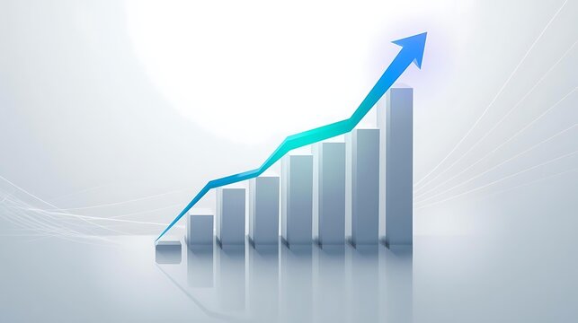 A 3D bar chart with an upward trending blue arrow indicating growth and success.