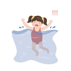 Cute little girl drowning in swimming pool waving hands calling for help. Kid in swimsuit is cramping. Child drowning deep sea. Efforts above water. Shock and panic. Ask for help.