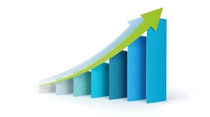 A 3D bar chart showing a steep upward trend with a green arrow indicating growth and progress.