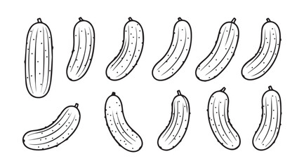 Collection of hand drawn cucumber silhouettes in various poses and styles