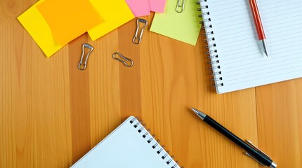 Overhead view of sticky notes, binder clips, and spiral notebook, 16:9 format ideal for business presentations and office design