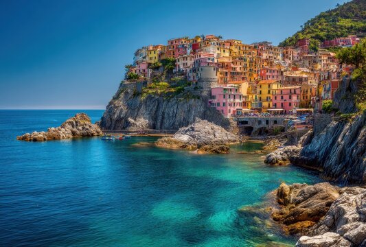 Coastal village perched atop a cliff overlooking turquoise waters, framed by rocky shores and clear blue skies