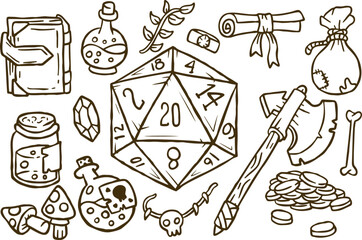 DND set with dice, magic potion, book, axe. Colorful fantasy items for roleplay adventure. D20 fantasy roleplay adventure collection.