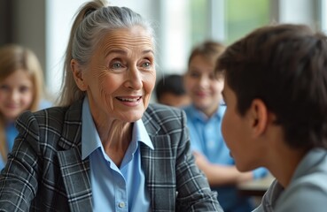 Obraz premium Smiling senior woman teacher with gray hair wearing formal suit talking with schoolboy. Education at classroom. School, college, university concept. Tutor, professor explains lesson to student.