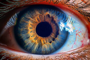 Macro photo of blue iris with orange patterns for teaching eye anatomy and visual science
