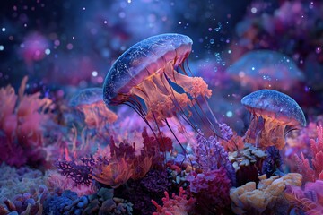 Colorful Jellyfish in a Bioluminescent Coral Reef