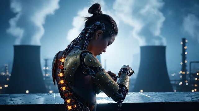 Cyborg inspects robot arm on ledge. The woman android sits by cooling tower. Steam rises over industrial factory and power plant. Futuristic glow highlights circuitry and metallic joint. Robot glows.