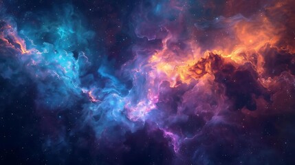 Fototapeta premium Vibrant cosmic nebula with swirling clouds of blue, purple, and orange gas and dust, illuminated by distant stars.
