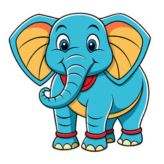 A cartoon blue elephant with orange details stands cheerfully on a white background