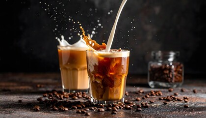 Dynamic splash of fresh milk being poured into a refreshing glass of iced coffee, surrounded by aromatic roasted beans on a rustic dark surface, perfect for a cool beverage moment