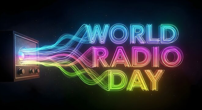 World Radio Day Neon Retro Concept: Vibrant Broadcast Celebration, Colorful Audio Waves, Vintage Receiver Illustration, International Communication Art, Modern Sound Festival, Creative Media Event